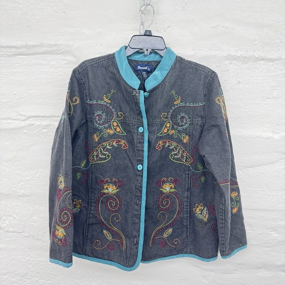Denim & Co. Jackets & Blazers - VTG Denim &‎ Co Black Denim Jacket Multicolor Embroidery Floral Women's Lg Y2K